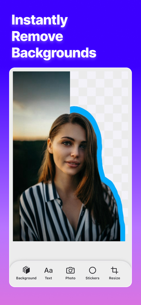PhotoBox - AI Photo Editor - Interface of PhotoBox app showing a portrait with its background being removed by AI