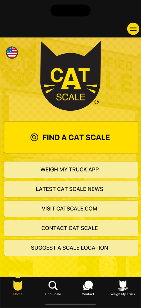 CAT Scale Locator - Tela inicial do aplicativo CAT Scale Locator com opções para encontrar uma balança e pesar um caminhão
