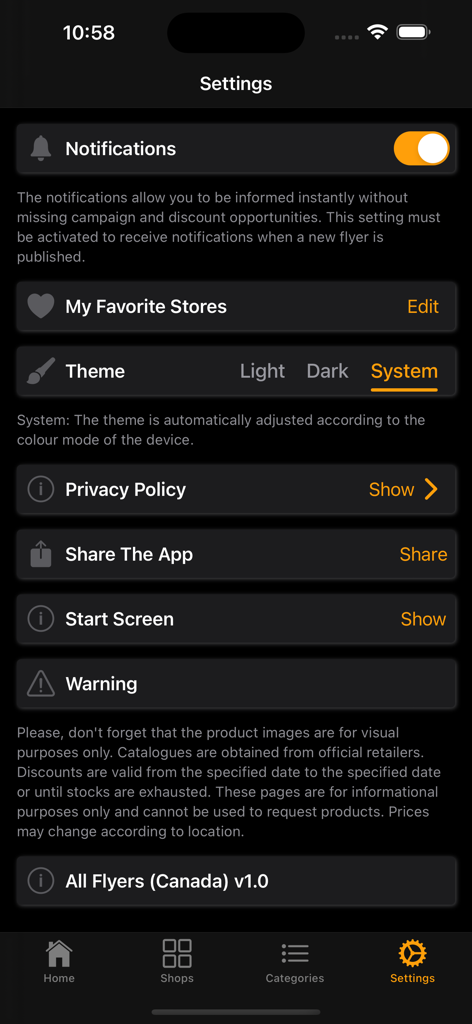 All Flyers (Canada) - Settings screen of the All Flyers Canada app showing options for notifications favorite stores and theme selection