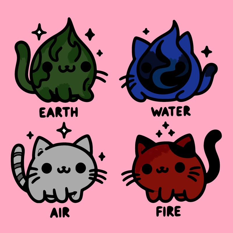 4 cats that represent the different elements, earth, water, air, and fire