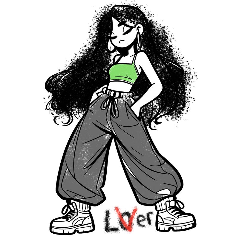 girl in baggy pants crop top and long hair