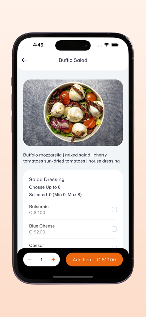 Fireaway Pizza Cayman - Fireaway Pizza Caymanモバイルアプリに、カスタマイズオプションと価格が表示されたバッファローサラダの商品ページが表示されています