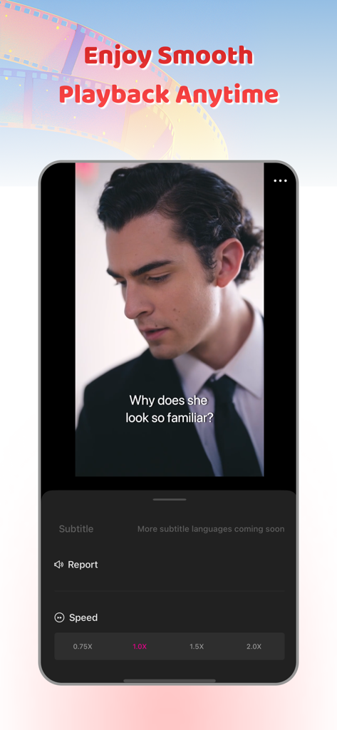 Smartphone screen showing the VitaShorts video player interface with speed controls and subtitles for a short drama scene.