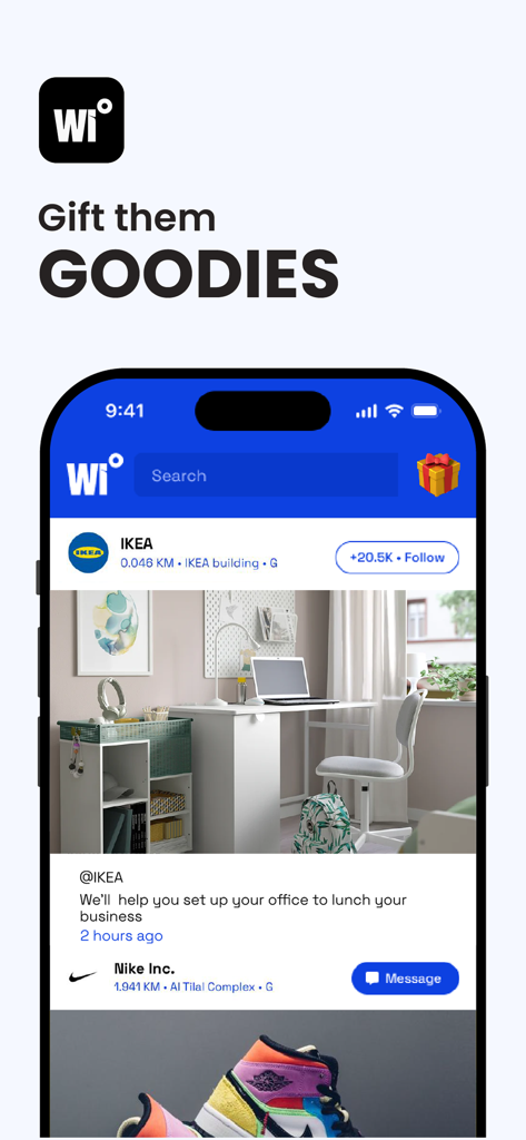 Within - IKEAやNikeのような近くのビジネスの超地域密着型フィード、メッセージングおよびフォローオプションを表示するWithinアプリのモバイルスクリーンショット