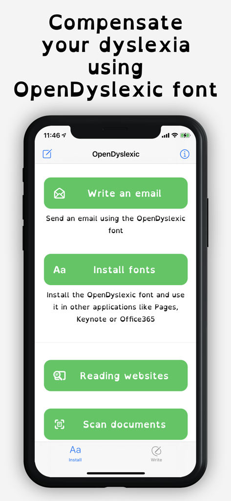 OpenDyslexic app interface with buttons to install fonts and write emails for dyslexia support