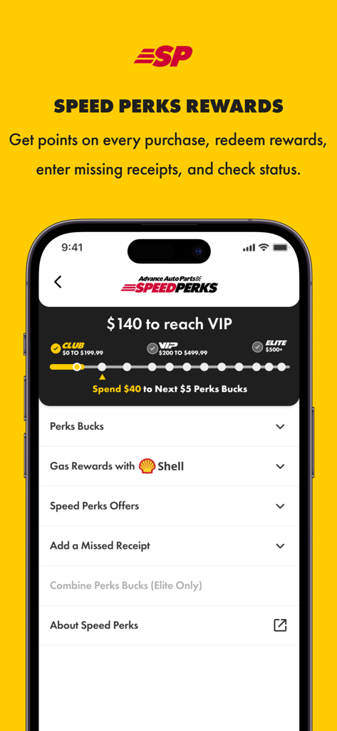 Advance Auto Parts app showing Speed Perks rewards dashboard with VIP status progress and gas rewards