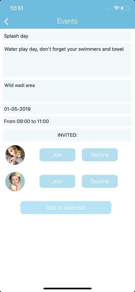 Kindiedays Family - Kindiedays Family app Events screen showing a school activity invitation with Join and Decline buttons