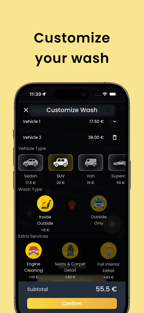 Uma interface de aplicativo móvel para selecionar tipos de veículos e serviços de lavagem de carros