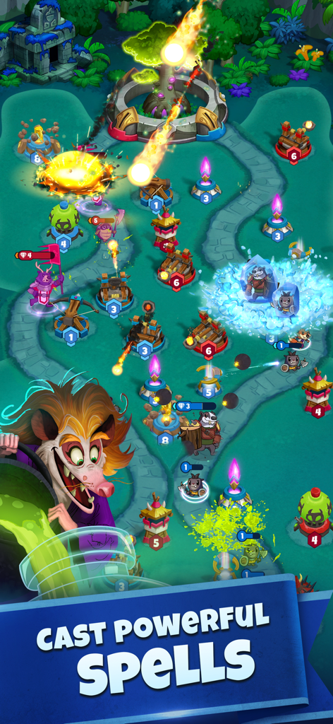 Tower Rush - Tower Defense TD - A vibrant battlefield in Tower Rush where a player casts fire and ice spells against enemy troops and towers.