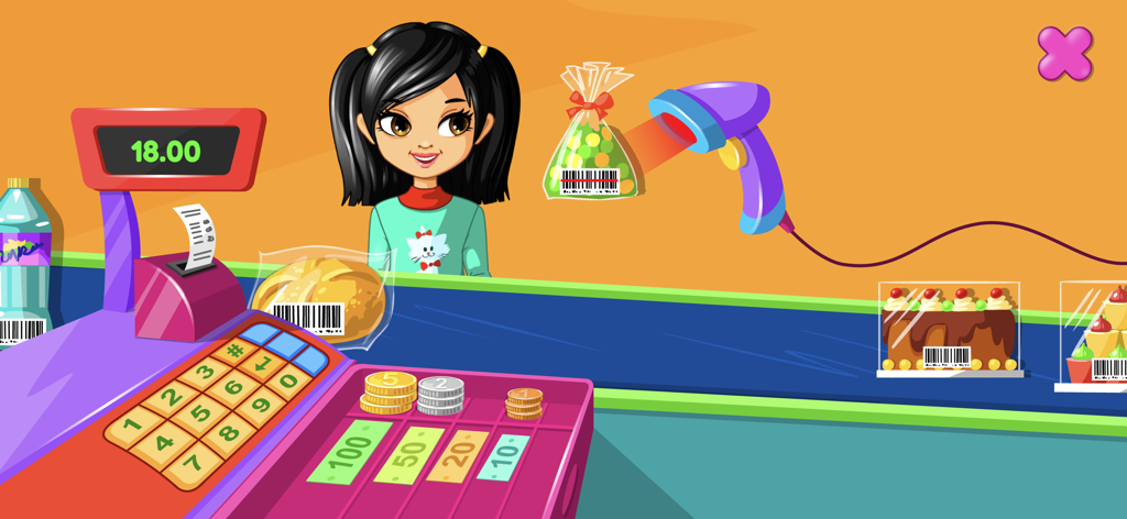 Supermarket Game - Shopping - 만화 캐릭터 소녀가 슈퍼마켓 계산대에서 식료품을 스캔하고 있습니다.