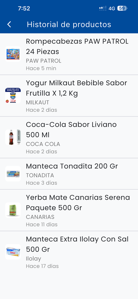 SuperFacil - SuperFacilアプリ画面に、最近表示された食料品製品の履歴が表示されています