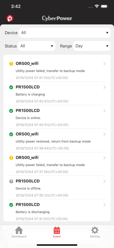 PowerPanel Cloud - PowerPanel Cloud app event log screen showing UPS status alerts and power history
