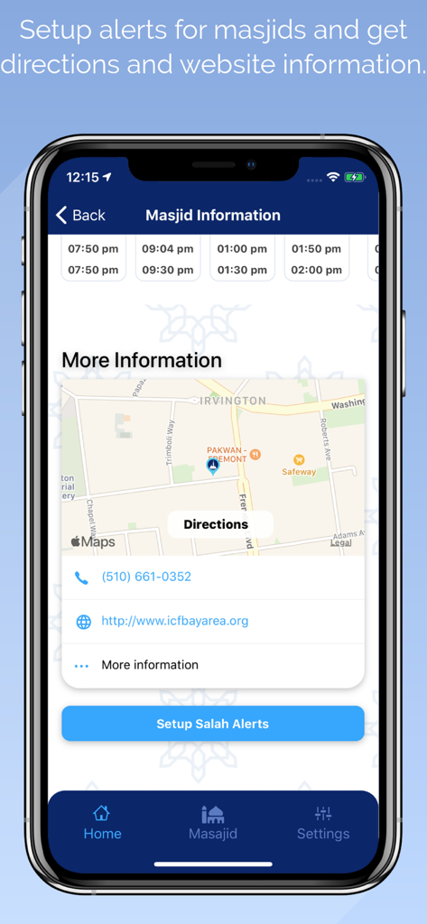 Masjidi-Salah and Iqamah times - Interface of the Masjidi app showing masjid information with map directions and a button to setup salah alerts