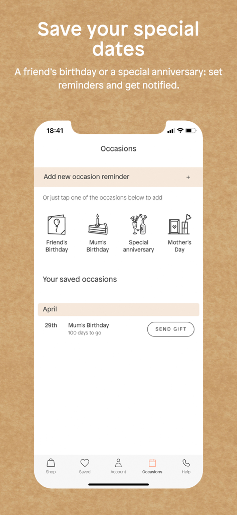 Interface of the Bloomon app showing the Occasions feature to save dates and set gift reminders.