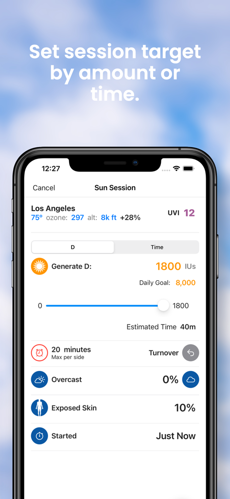D Minder Pro - D Minder Pro interface showing sun session tracking with Vitamin D generation target and UV index info