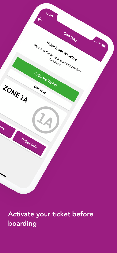 MBTA mTicket - Interfaz de la aplicación MBTA mTicket que muestra un boleto de ida de Zona 1A con una opción para activarlo antes de abordar