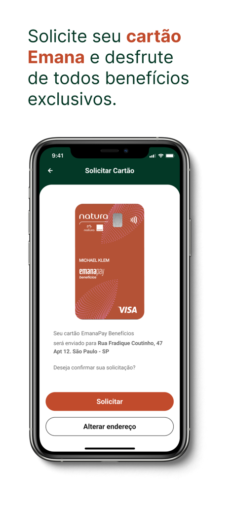 Emana Pay Beneficios - Pantalla de la aplicación Emana Pay mostrando una página de solicitud de tarjeta de beneficios Visa