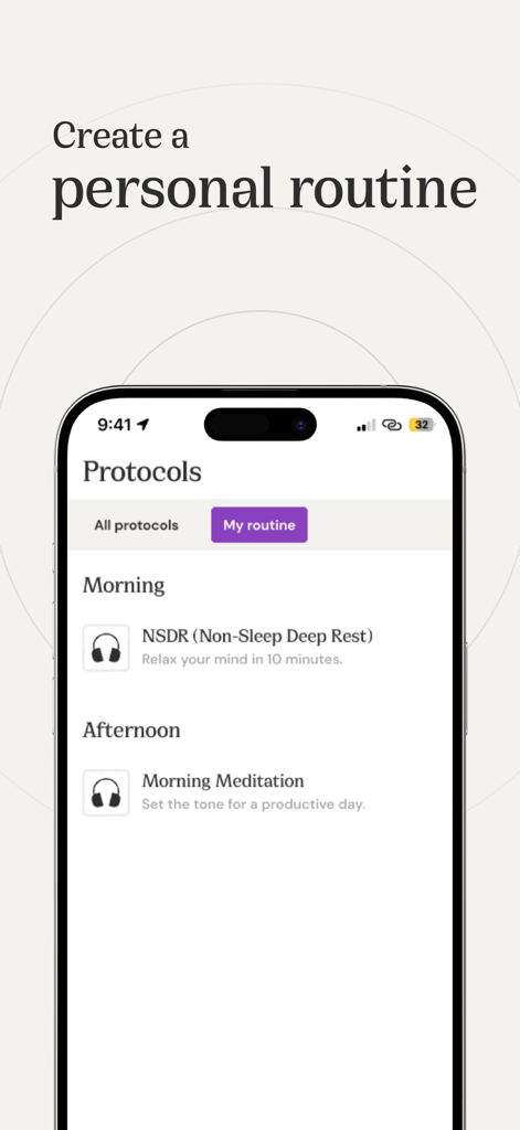 Virtusan: NSDR, 40 Hz and more - iPhone screen showing the Virtusan app protocols page for creating a personalized health routine including NSDR and meditation.