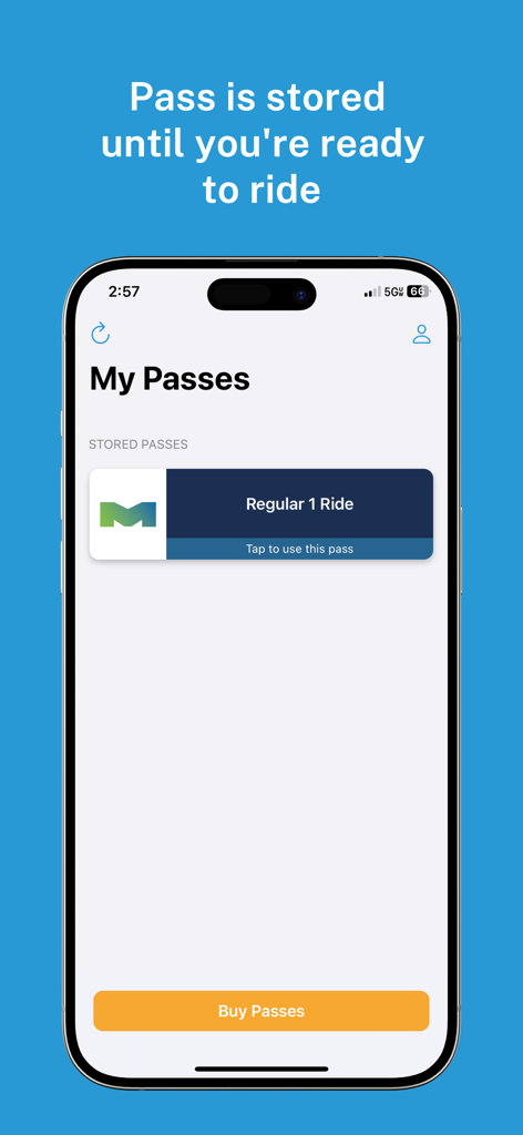 Token Transit - Mobile screen of Token Transit app showing a stored digital bus pass ready for activation