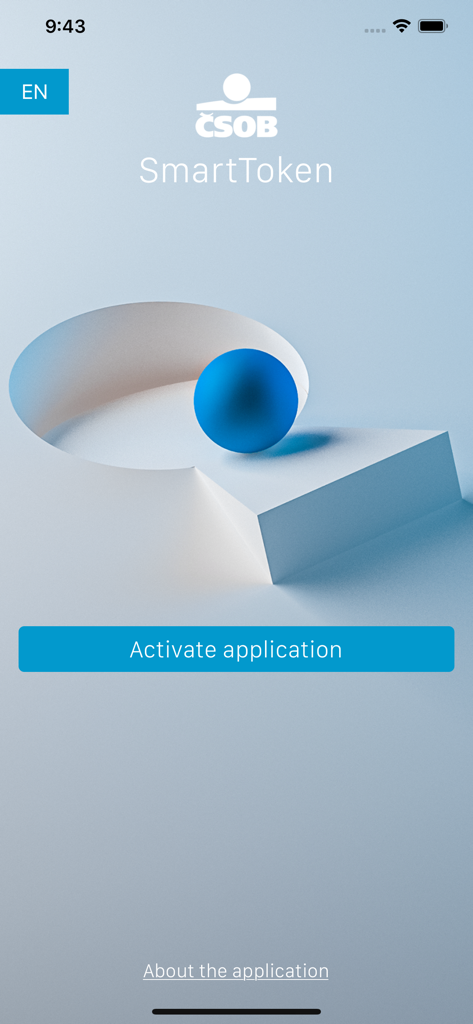 CSOB SmartToken app activation screen with a blue activate application button
