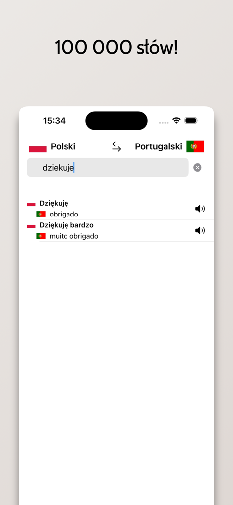 Słownik Portugalski-Polski - Interface móvel do dicionário polonês para português mostrando resultados de busca de tradução para 'obrigado'.