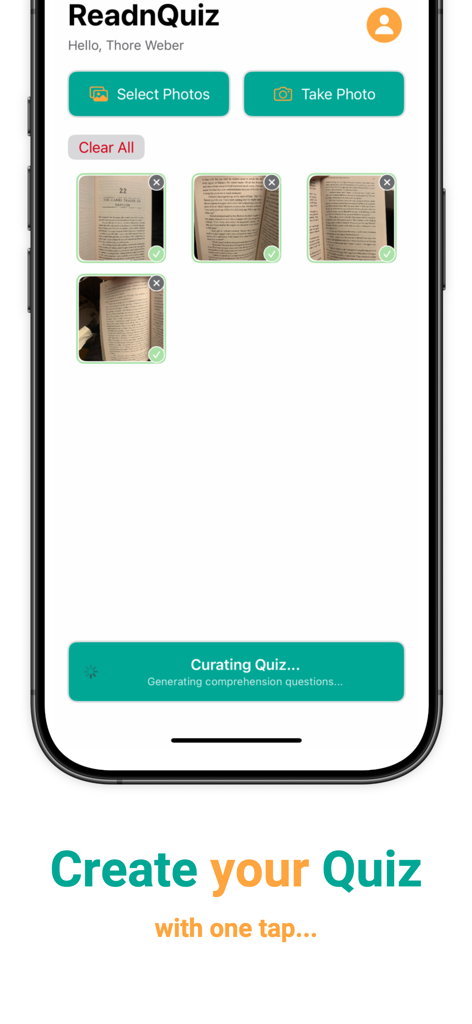 ReadnQuiz app interface showing book photos being used to generate a reading comprehension quiz