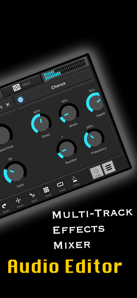 Configuración del efecto de audio chorus e interfaz de mezclador multipista en la aplicación Audio Elements