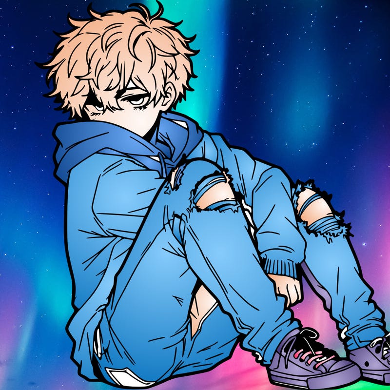 a male hoddie ripped jeans messy hair anime