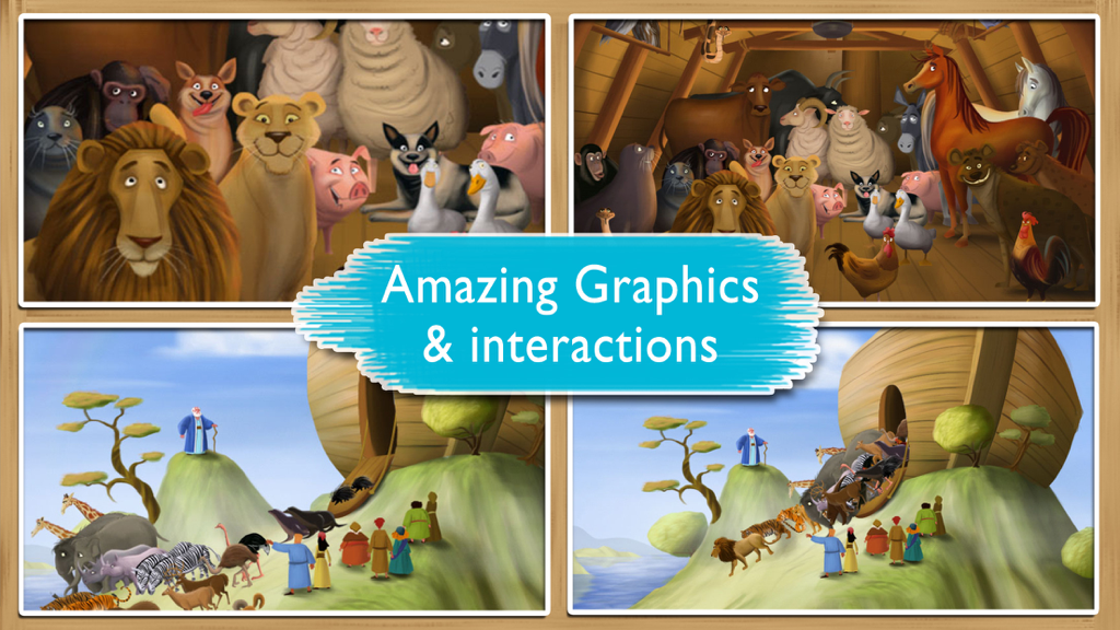 Noah’s Ark Storybook - Colage de escenas de la aplicación El Arca de Noé con animales de dibujos animados y Noé con el arca.