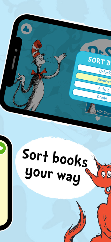 Screenshot of the Dr. Seuss Deluxe Books App showing options to sort books by grade level and favorites.