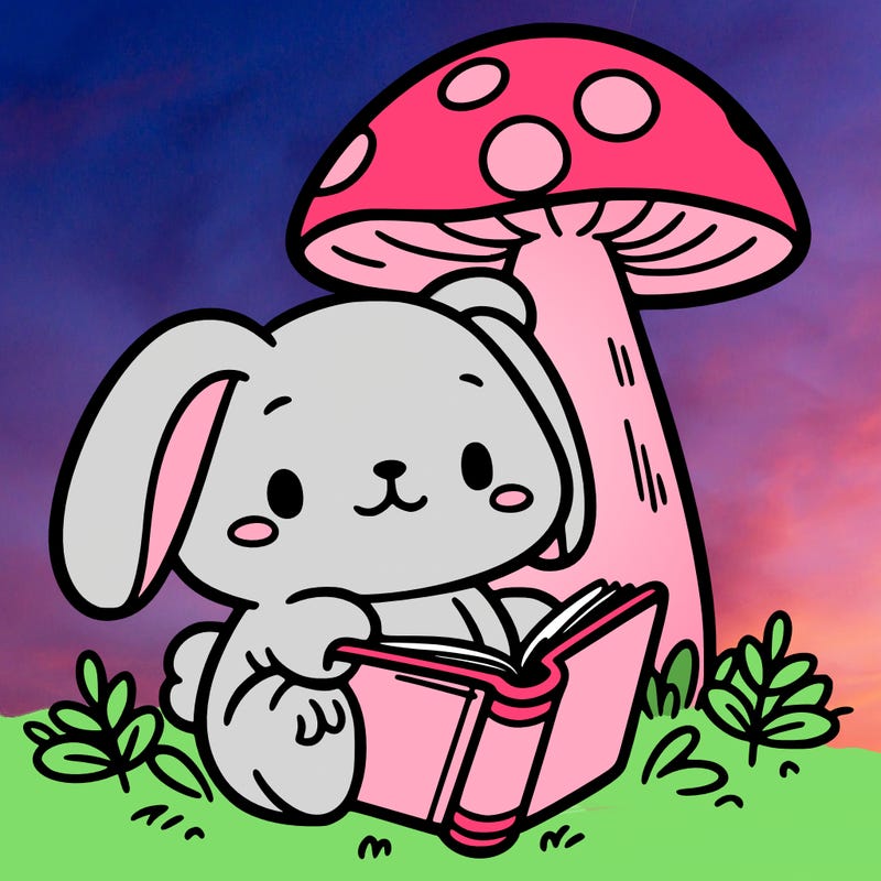 a bunny reading a book under a mushroom