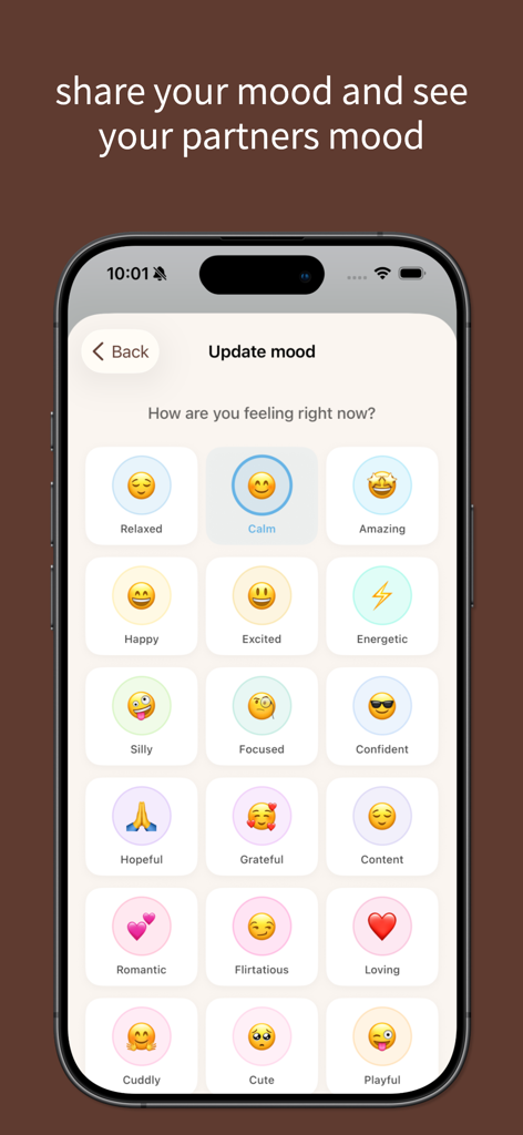 lovelee couples: love note app - Uma interface de aplicativo móvel exibindo uma grade de vários emojis de humor para casais compartilharem seus sentimentos
