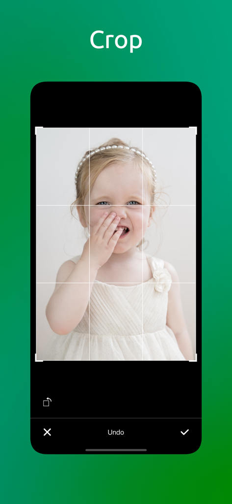 Mosaic - Photo Blur & Pixelate - Interface of the Mosaic app showing a childs photo being cropped in the editor
