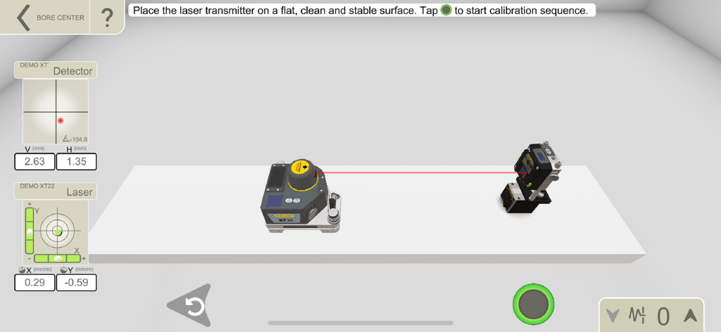 Easy-Laser XT Alignment app showing a 3D laser transmitter calibration sequence for bore center measurements