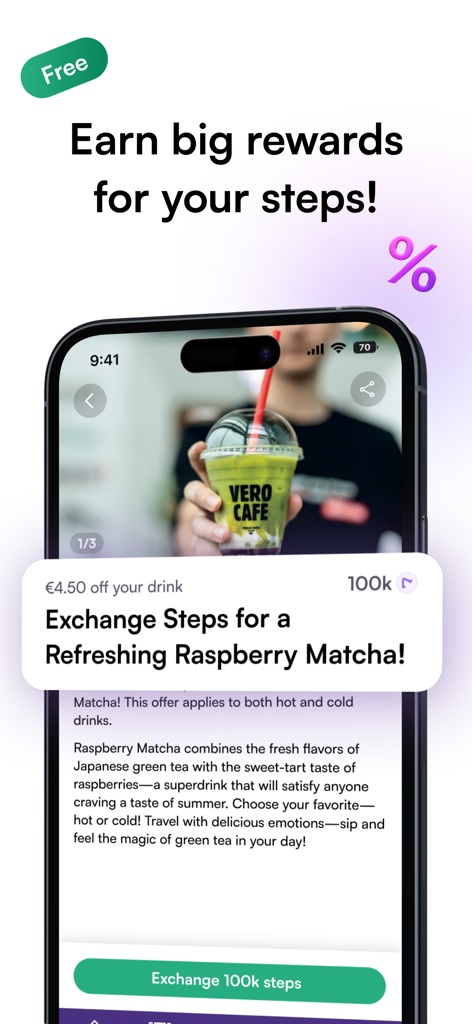 #walk15 – Useful Steps App - A mobile phone screen showing the walk15 app interface where users can exchange 100,000 steps for a discount on a Raspberry Matcha drink.