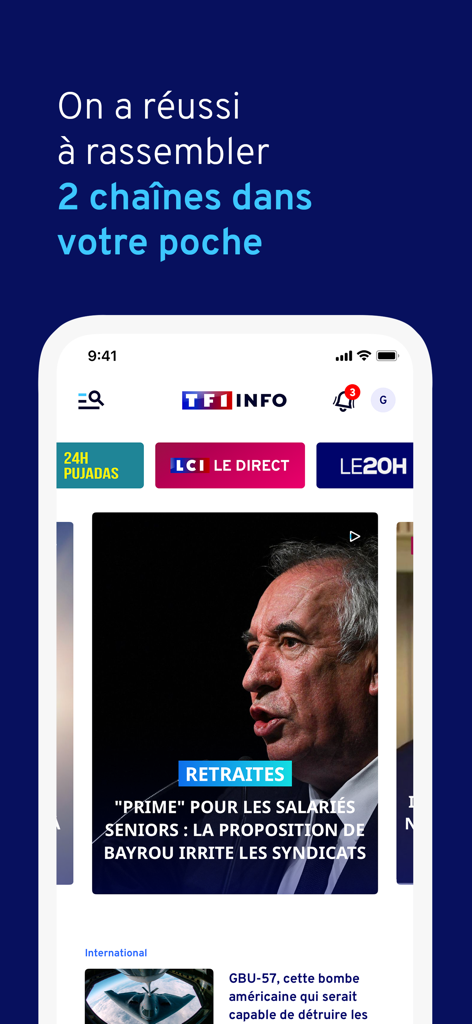 Écran d'accueil de l'application mobile TF1 INFO affichant des articles d'actualité français et des raccourcis TV en direct vers LCI et le journal de 20H.