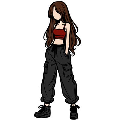 girl in baggy pants crop top and long hair
