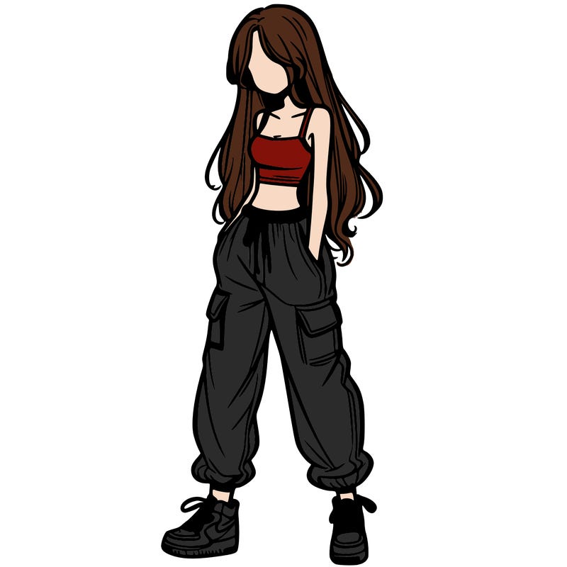 girl in baggy pants crop top and long hair