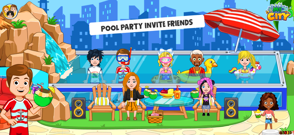 Une scène de fête de piscine animée dans le jeu My City Manoir avec plusieurs personnages nageant et se relaxant au bord d'une cascade.