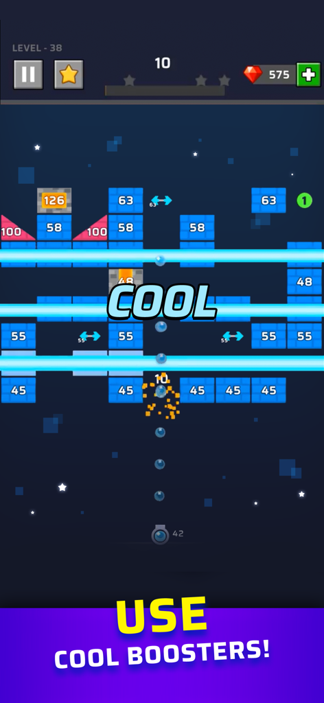 Brick Out game screen showing horizontal laser boosters and numbered blocks