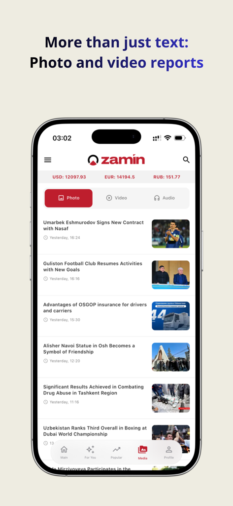Zamin - Interface do aplicativo de notícias Zamin mostrando relatórios de fotos e vídeos com taxas de câmbio ao vivo