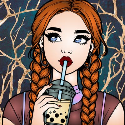 realistic girl with braided hair drinking boba