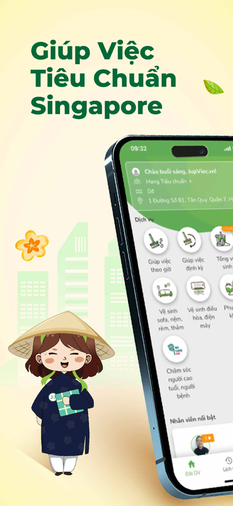 JupViec mobile app interface displaying various home cleaning and maintenance services with Singapore standard training