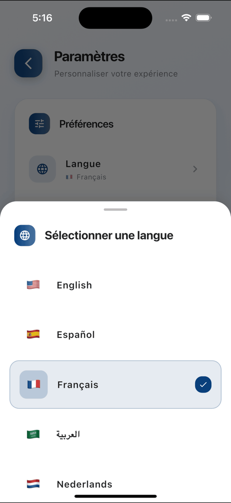 AppartMart - Language selection screen in the AppartMart app showing options for English Spanish and French