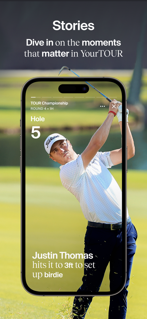 PGA TOUR - La función Historias en la aplicación PGA TOUR que muestra un resumen del golfista Justin Thomas.