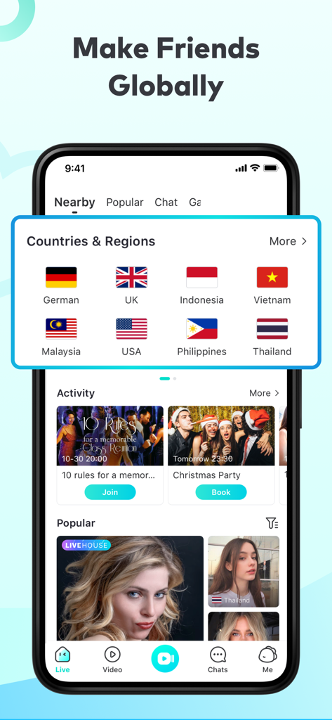 BIGO LIVE mobile app screen showing a list of countries and live stream activities to make friends globally