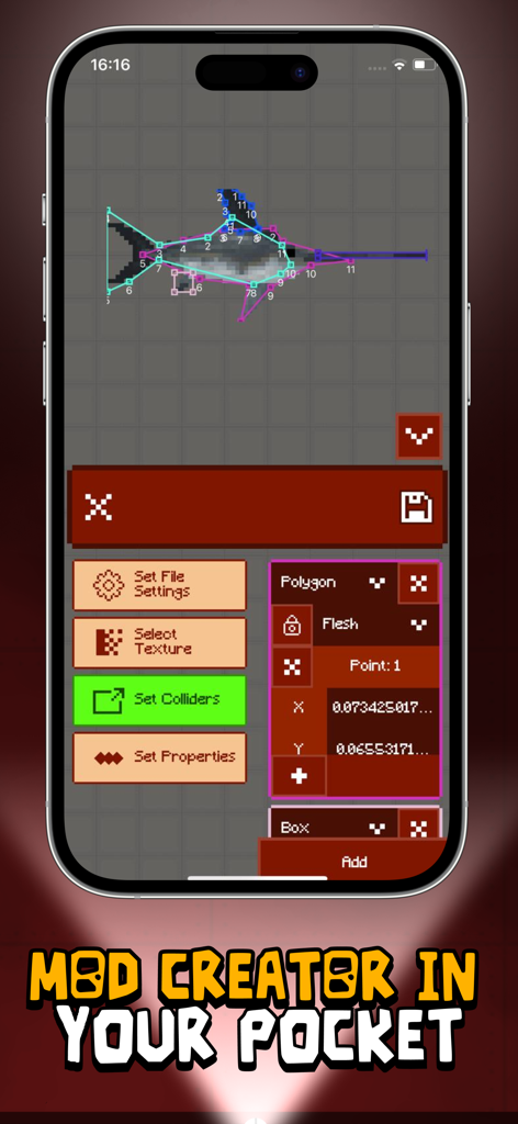Pure Mods for Melon Playground - Mod creator interface in the Pure Mods for Melon Playground app showing character editing