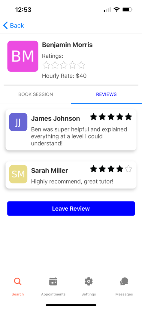 MTutor - Interfaz de la aplicación MTutor que muestra la página de perfil de un tutor con calificaciones y reseñas de estudiantes.