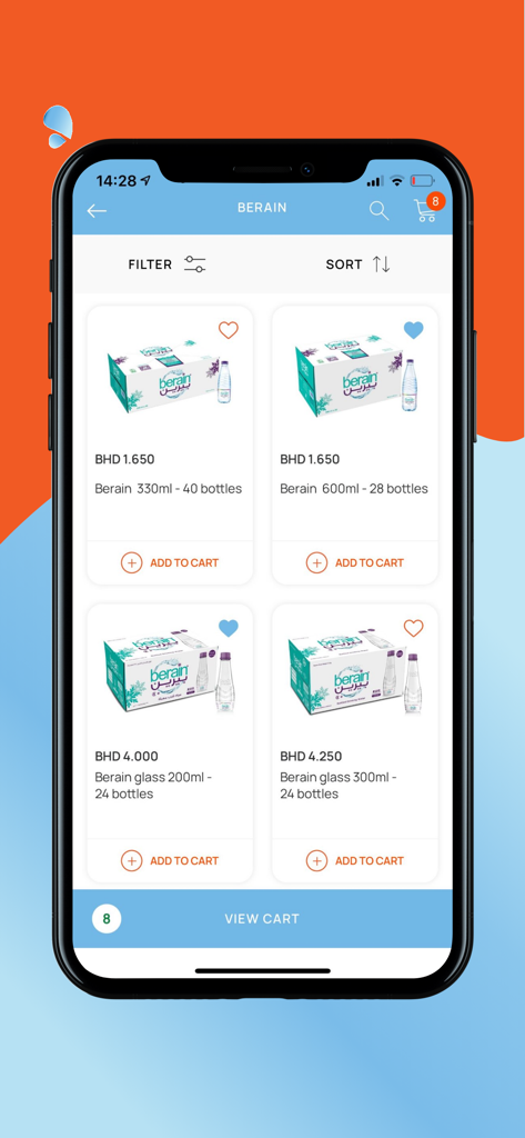 ATSHAN-عطشان - Interfaz de la aplicación de entrega de agua Atshan mostrando cajas de agua embotellada Berain para compra a granel.