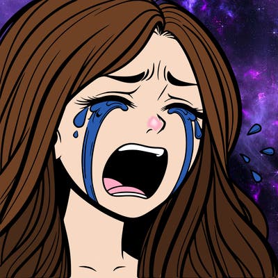 a woman with long hair and crying heavy tears screaming